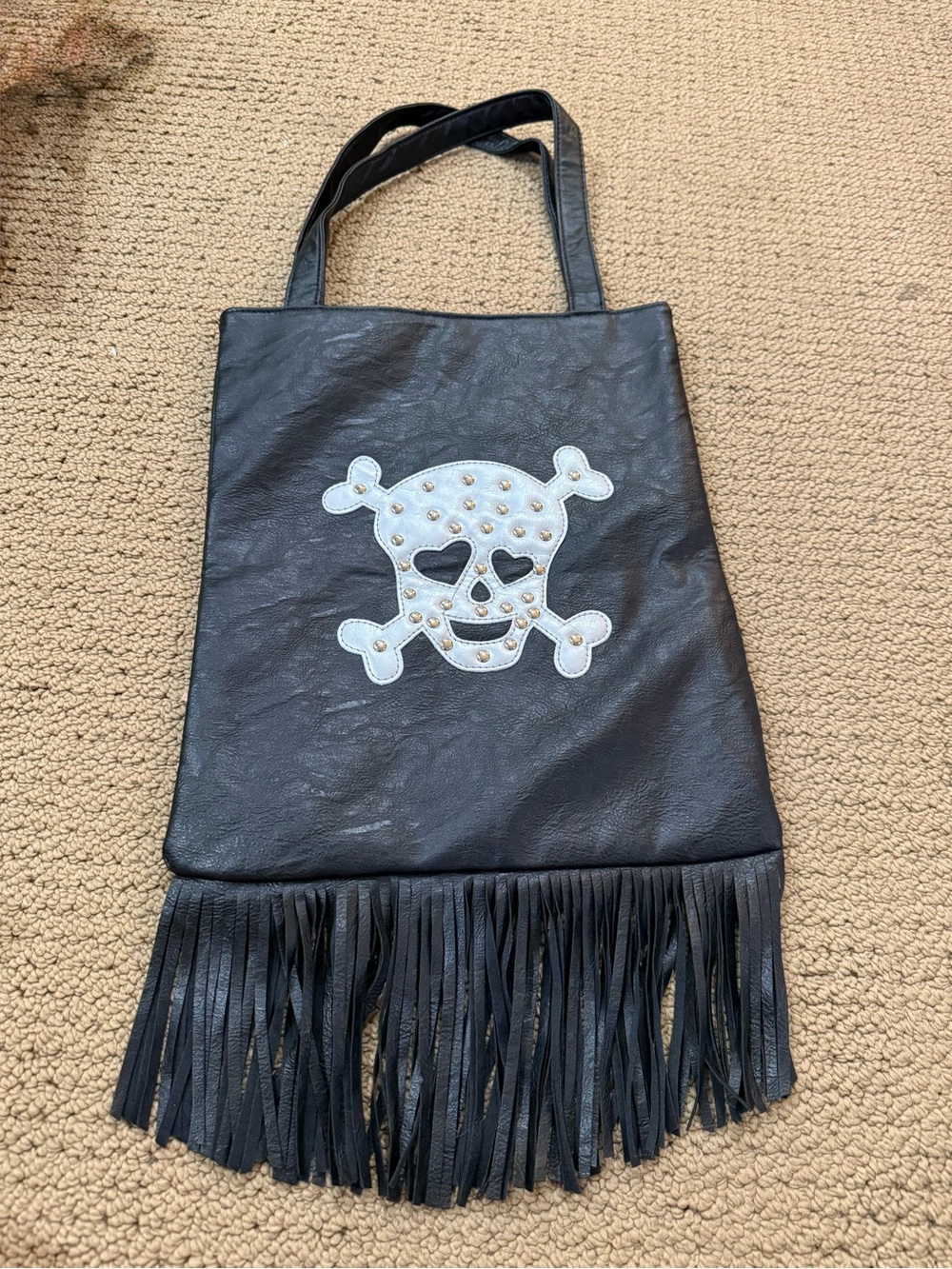Black Fringe Tote with Studded Skull Accent